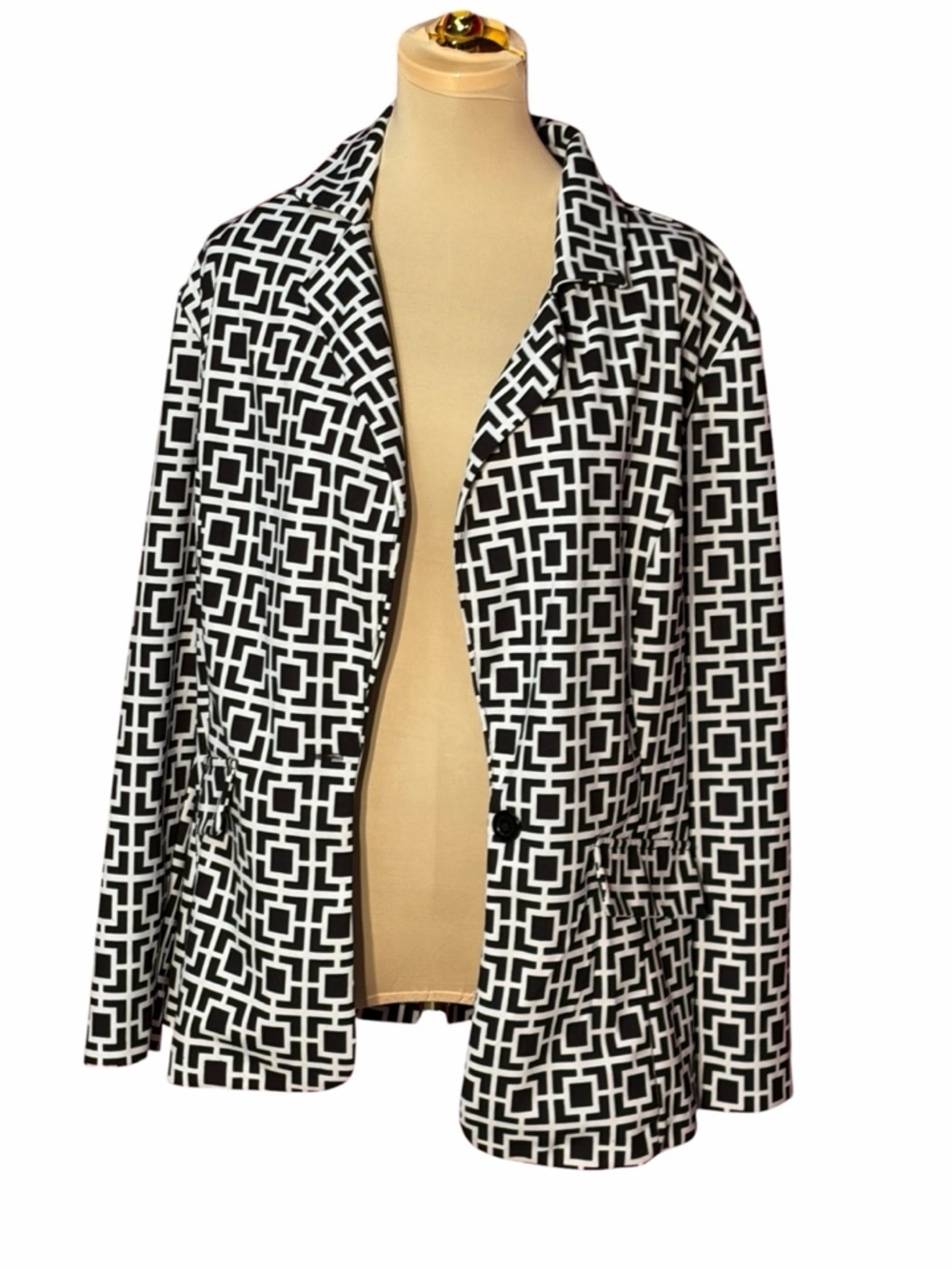 Wearever Black & White Geometric Open Front Blazer Women’s 1X Career Jacket